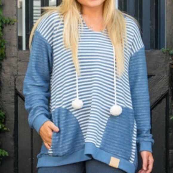 NWT Jadelynn Brooke Pom Pom Hoodie Pullover Poolside Blue Striped Small - Picture 2 of 4